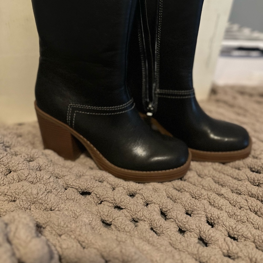 Sun + Stone Black Ankle Boots with Brown Heel
